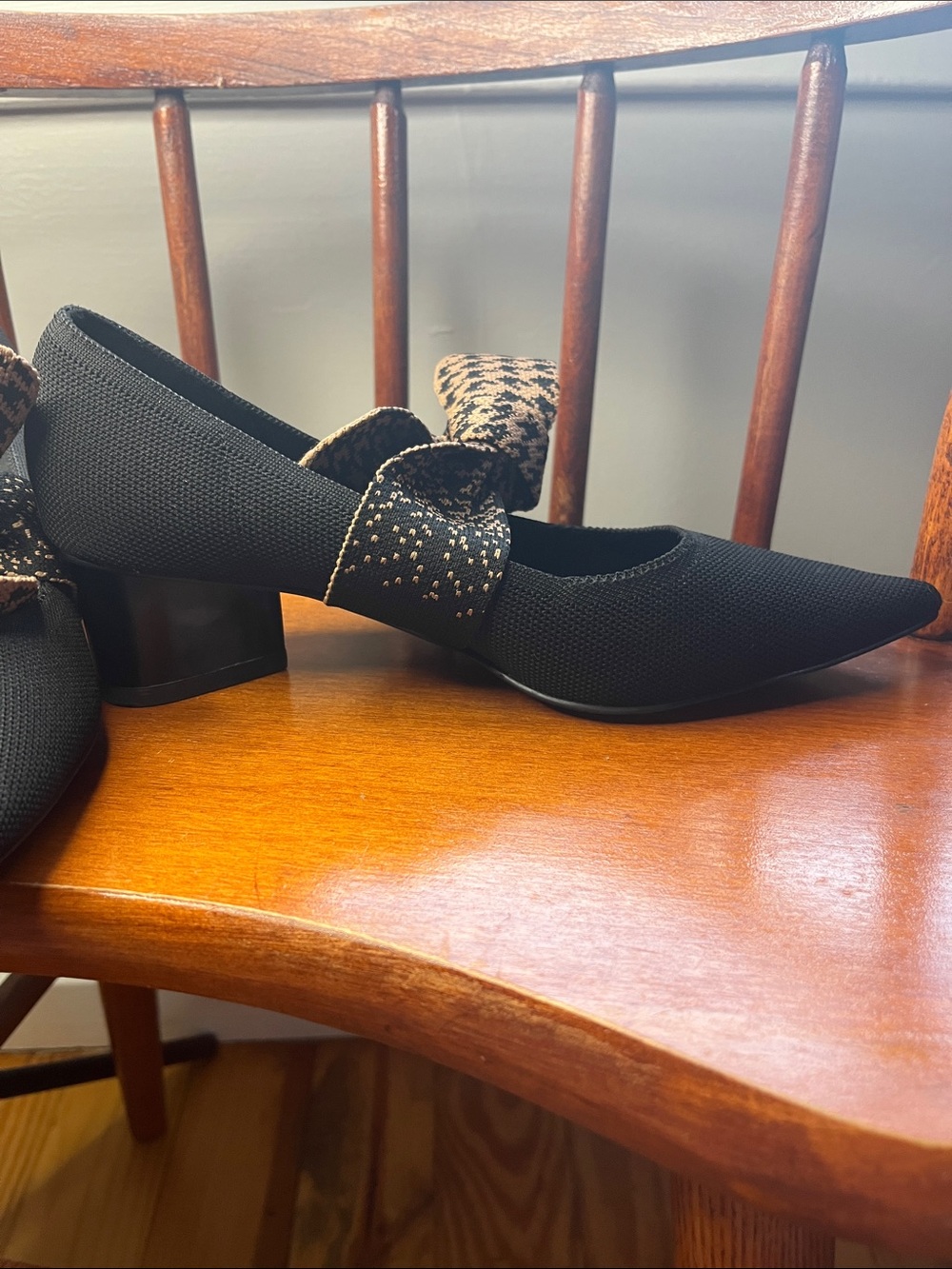 VIVAIA Aurora Pointed Toe Block Heels Black Knit Houndstooth Bow Size 35 - Picture 3 of 9